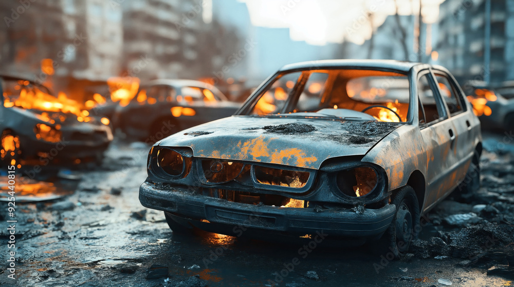 Fototapeta premium Post-apocalyptic urban street with burnt-out, damaged cars and fires. Extensive debris and destruction visible.
