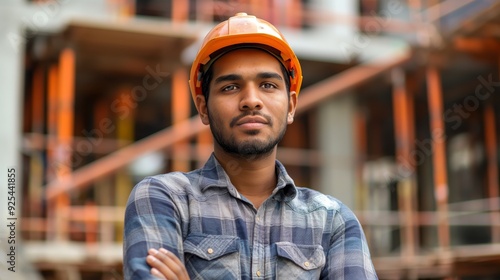 A construction worker in a checkered shirt and helmet standing confidently at an active building site, signifying hard work and dedication.