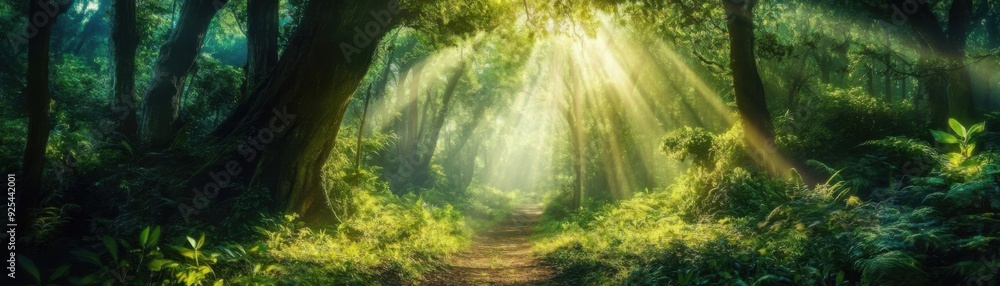 Obraz premium Sunlight streaming through trees in a lush, green forest, creating a magical, serene atmosphere.