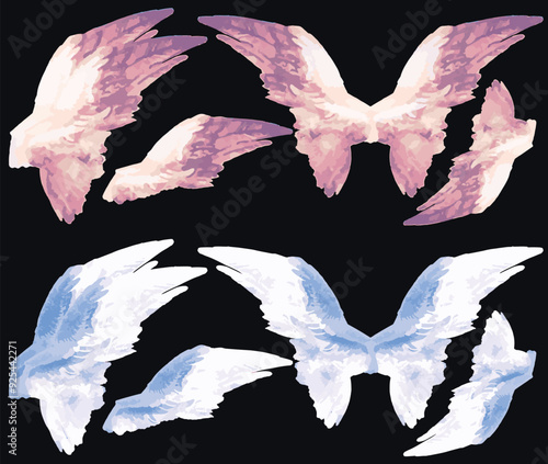 Watercolor drawing angel wings Y2K style Set clipart bird wing different angles freedom creativity concept hand drawn design element pegasus isolated illustration parrot blue brown white detailed clip