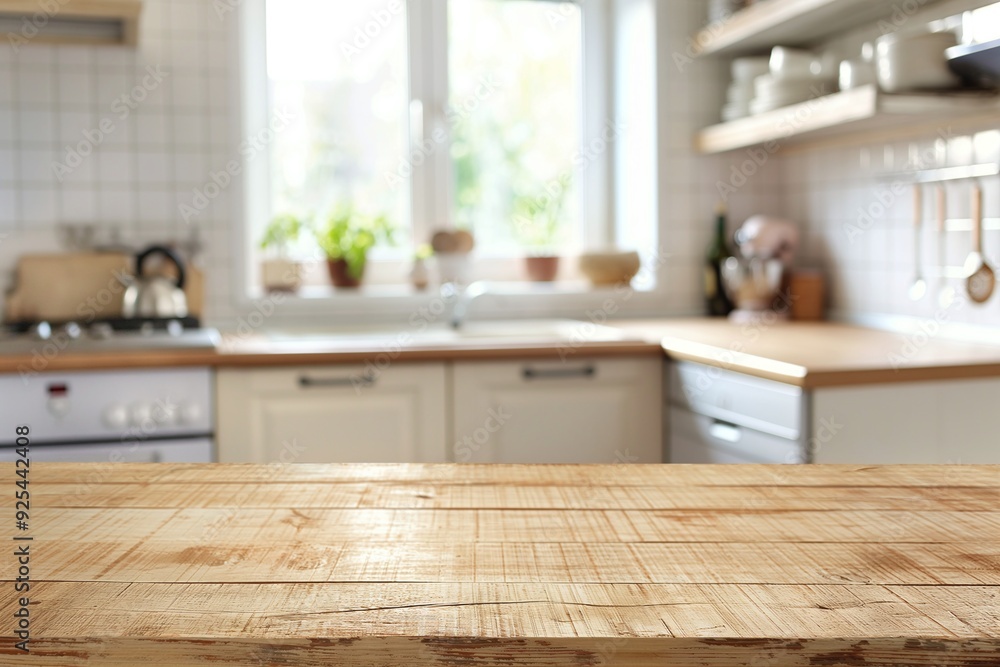 Close-up of a light wooden table in a bright kitchen with blurred window and countertops in the background Close-up of a light wooden table in a bright kitchen with blurred window and countertops in the background
