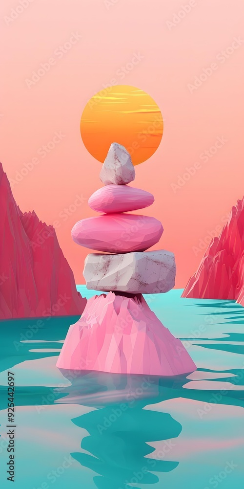 Low Poly Mountain Landscape with Stacked Stones and Sunset Low Poly Mountain Landscape with Stacked Stones and Sunset