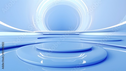 3d rendering of white and blue abstract geometric background. Scene for advertising, technology, showcase, banner, game, sport, cosmetic, business, metaverse. Sci-Fi Illustration. Product display