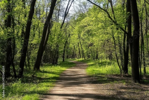 A serene forest pathway, surrounded by lush green trees on a sunny day.