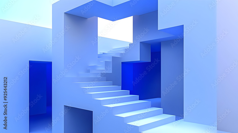 Abstract blue staircase with doorways in an architectural interior. Abstract blue staircase with doorways in an architectural interior.