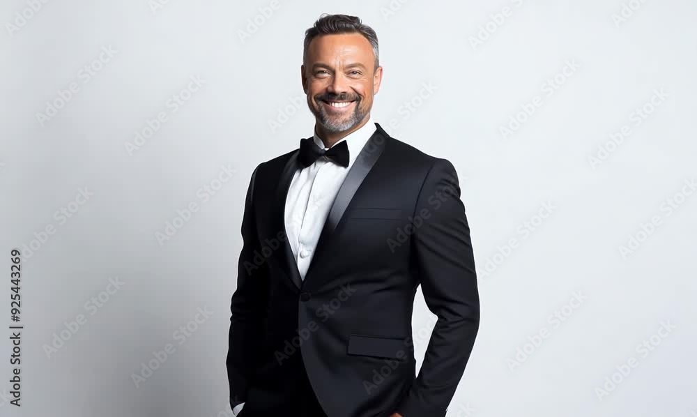 Handsome mature man in tuxedo posing on white background Handsome mature man in tuxedo posing on white background