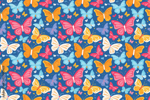 Seamless pattern with colorful butterflies on blue background. Vector illustration.