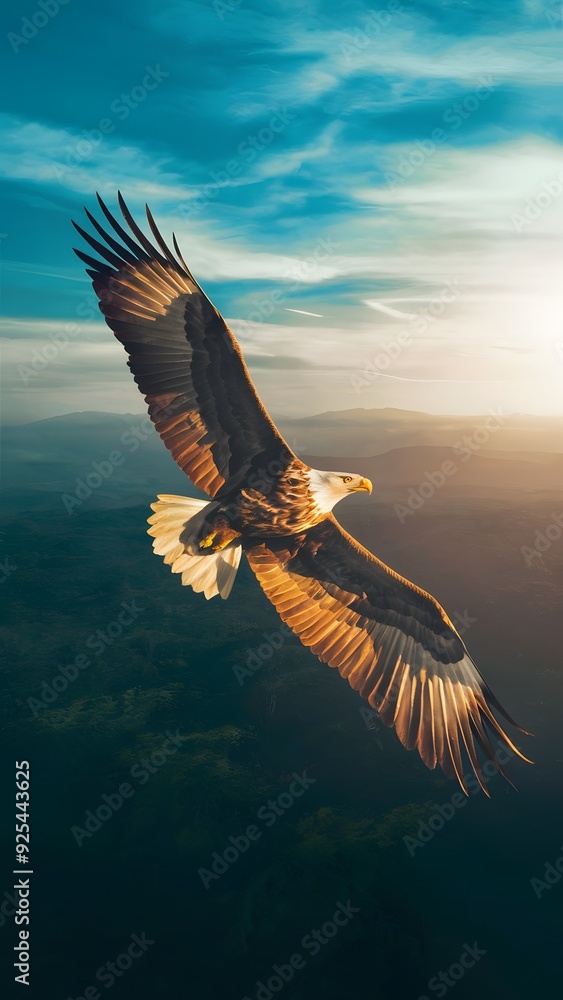 Obraz premium Philippine Eagle Flying with Blue Sky Background, Realistic Photo, Pattern Background, Wallpaper, Cover and Screen for Smartphone, Cell Phone, Computer, Laptop