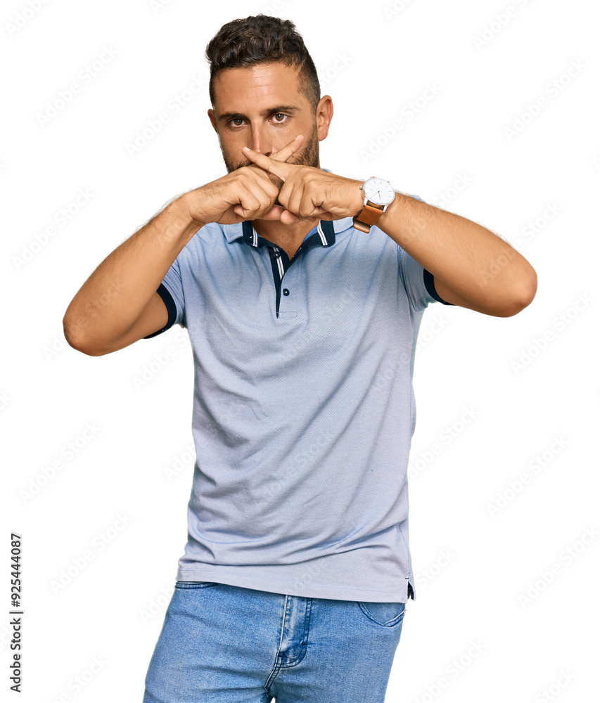 Handsome man with beard wearing casual clothes rejection expression crossing fingers doing negative sign Handsome man with beard wearing casual clothes rejection expression crossing fingers doing negative sign