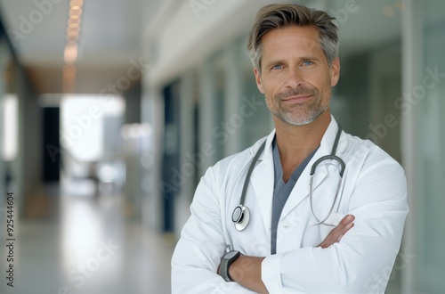 Confident Doctor in White Coat Standing in Hospital Corridor During Daytime