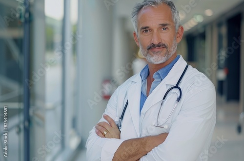Confident Doctor in White Coat Standing in Hospital Corridor During Daytime