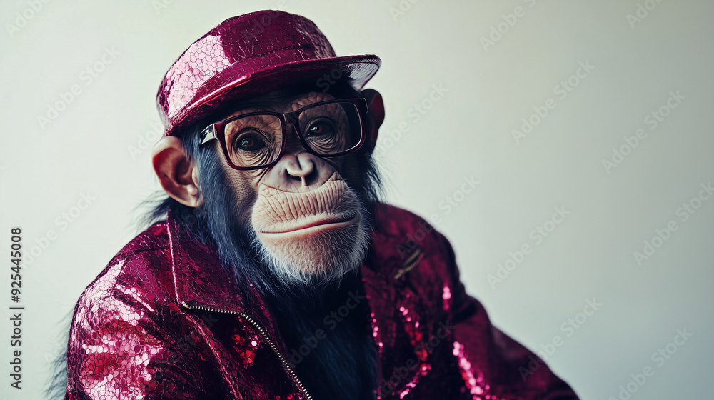 A chimpanzee in glasses and a shiny red jacket with a cap sits on a light background, creating a fashionable and artistic look A chimpanzee in glasses and a shiny red jacket with a cap sits on a light background, creating a fashionable and artistic look