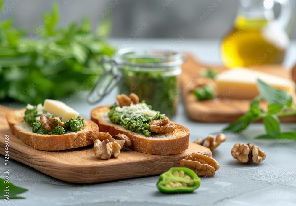 Fresh Basil Pesto Toasts With Walnuts on Wooden Cutting Board Fresh Basil Pesto Toasts With Walnuts on Wooden Cutting Board