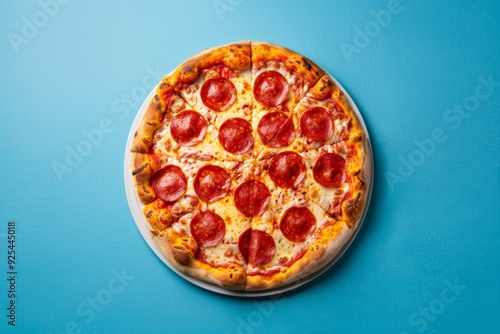 Italian Pepperoni pizza, blue background, food photo, studio light