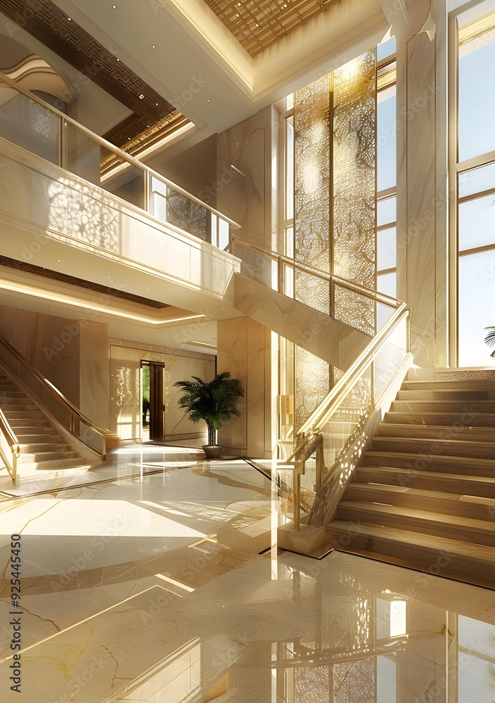 Obraz premium Interior Design of a Modern Luxury Home with Staircase and Ornate Window