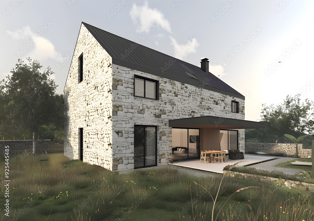 Modern Stone House with Large Patio and Green Grass Modern Stone House with Large Patio and Green Grass