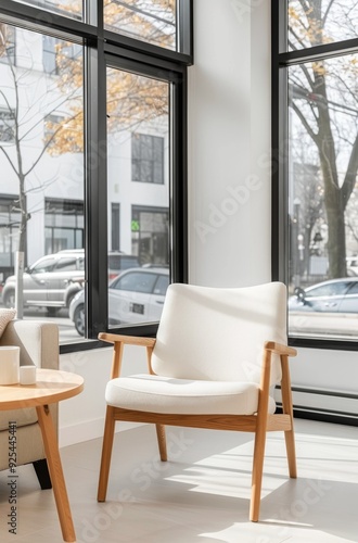 Modern White Chair in Bright Living Room With Large Windows and Street View