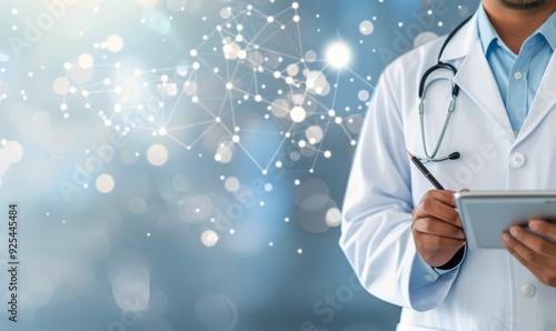 Doctor Wearing Lab Coat Uses Tablet in Clinic During Daytime