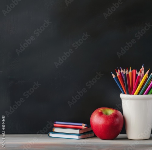 School Supplies With Apple And Colored Pencils On Table Against Blackboard Ba...
