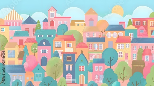Colorful Cartoon Illustration Of Houses In A Town