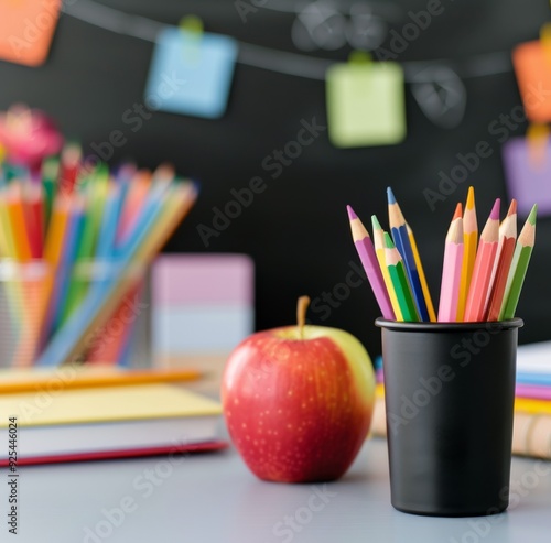 School Supplies With Apple And Colored Pencils On Table Against Blackboard Ba...