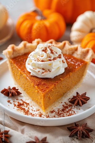 Delicious Pumpkin Pie With Whipped Cream and Spices During Autumn Harvest Season