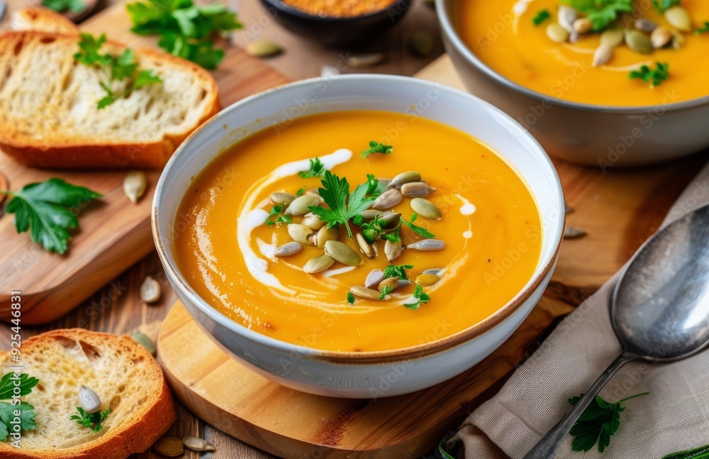 Delicious Pumpkin Soup Served With Bread on a Rustic Wooden Table Delicious Pumpkin Soup Served With Bread on a Rustic Wooden Table