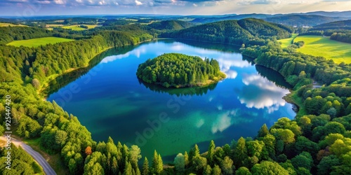 Aerial view of a serene lake surrounded by lush greenery , aerial, view, lake, water, serene, landscape, nature, greenery