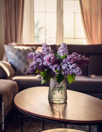 Elegant living room background with nice bouquet of lilacs on coffee table in a beautiful vase