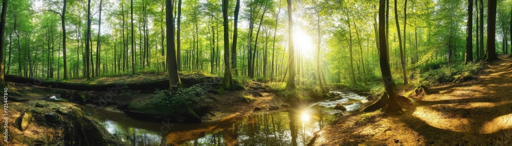 A serene forest glade with a small stream reflecting sunlight, surrounded by tall trees. A serene forest glade with a small stream reflecting sunlight, surrounded by tall trees.