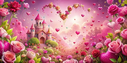 Vibrant pink and whimsical kingdom of love filled with hearts and roses, pink, panther, kingdom, love, hearts, roses photo