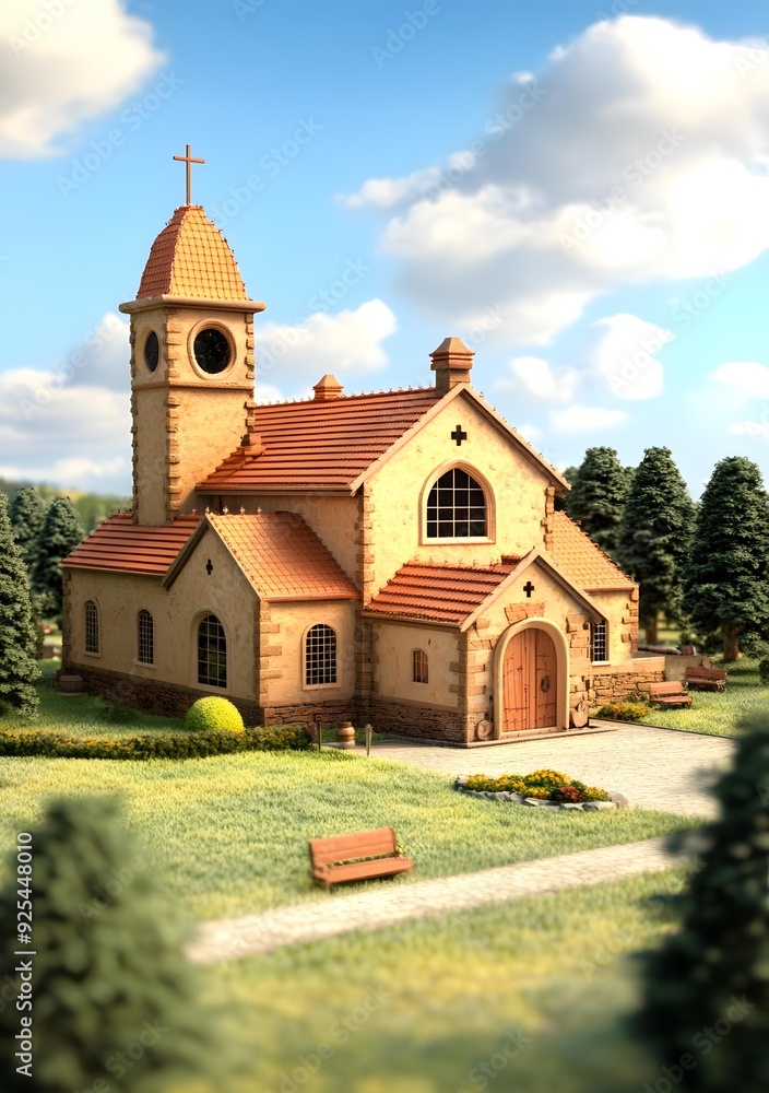 Stone Church Building With Red Tile Roof In A Green Field Stone Church Building With Red Tile Roof In A Green Field