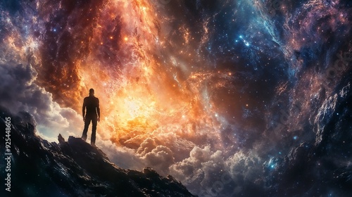 A man stands on the peak of a mountain, gazing at a distant galaxy above him