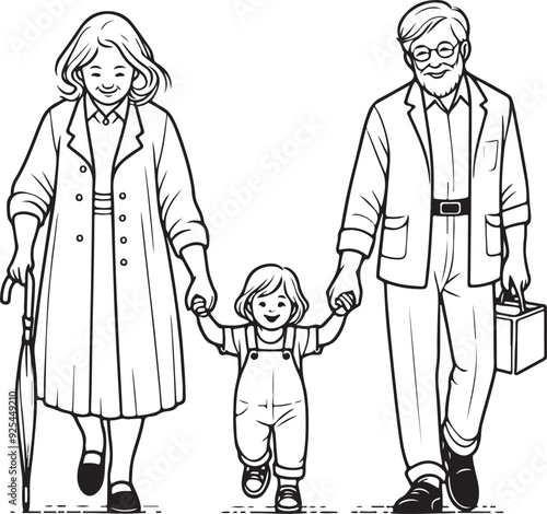 Heartwarming Single Line Art of an Old Couple Walking with Happy Grand child – Family & Old Age Concept in Black and White