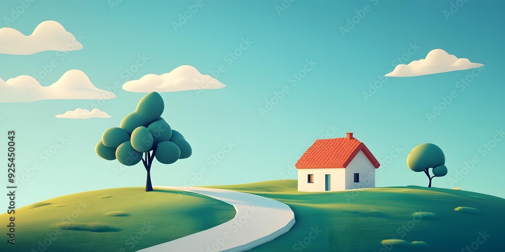 Fototapeta premium Cartoon House on a Hill with Winding Path
