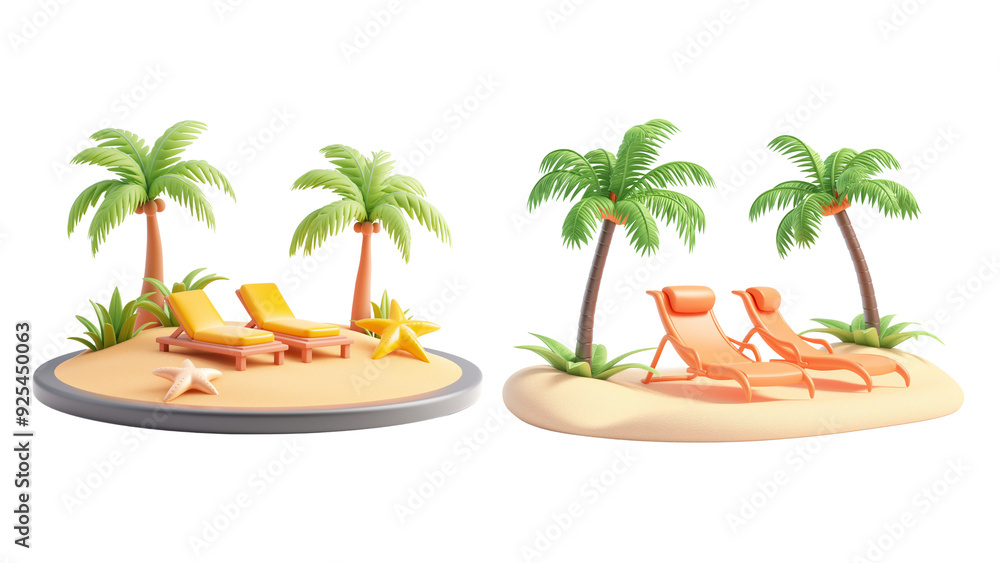 Obraz premium A cute beach icon with two palm trees and a lounge chair isolated