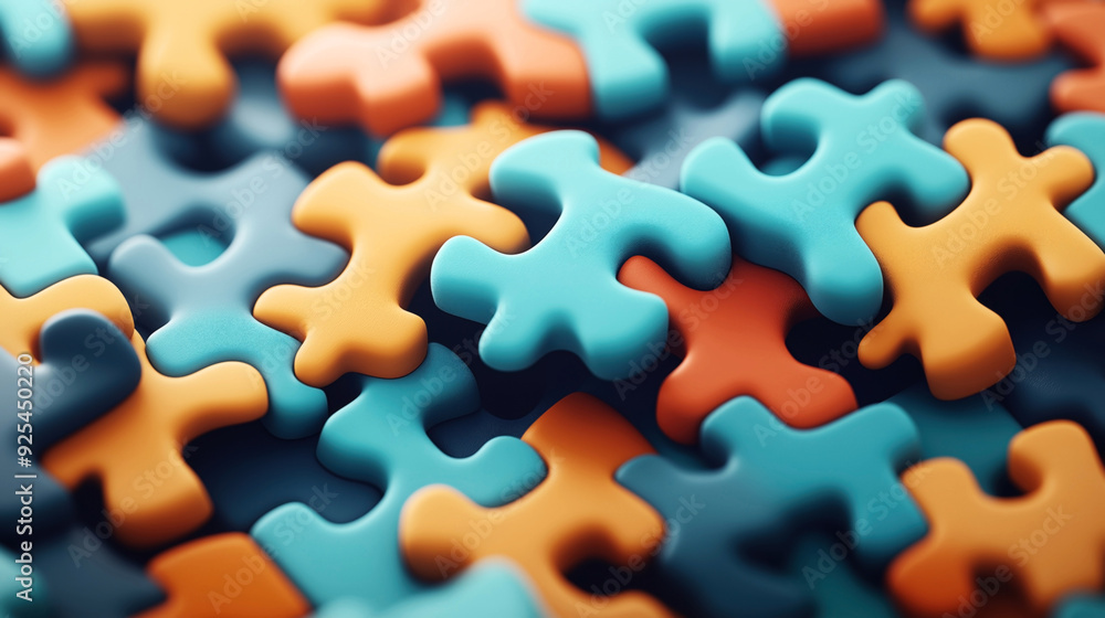 Close-up of colorful jigsaw puzzle pieces scattered in a random arrangement. Close-up of colorful jigsaw puzzle pieces scattered in a random arrangement.