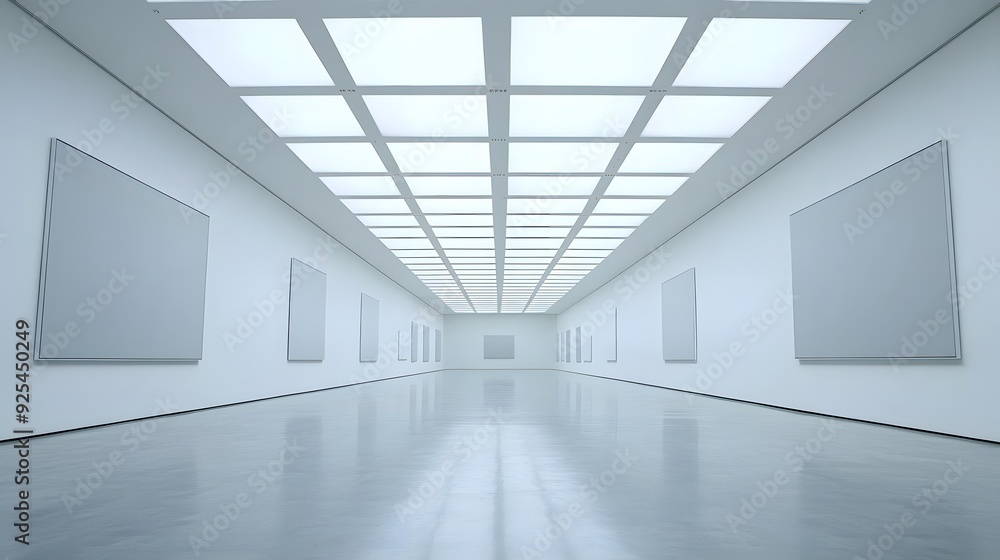 Empty Gallery Hallway with White Walls and Square Ceiling Lights Empty Gallery Hallway with White Walls and Square Ceiling Lights