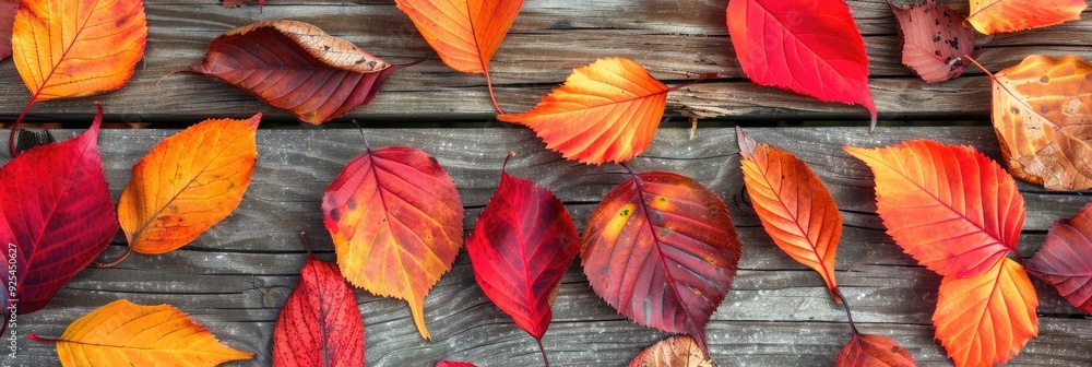 A close - up of autumn leaves in various shades of red, orange, and yellow, scattered on a wooden background A close - up of autumn leaves in various shades of red, orange, and yellow, scattered on a wooden background
