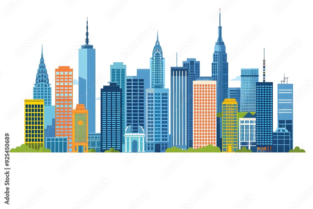 Naklejka premium Flat City Skyline Illustration with Tall Buildings