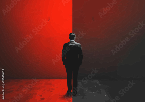 Business Manager Decision-Making at Crossroads in Minimalist Red and Black Vector Illustration, Leadership Choices, Conceptual Art