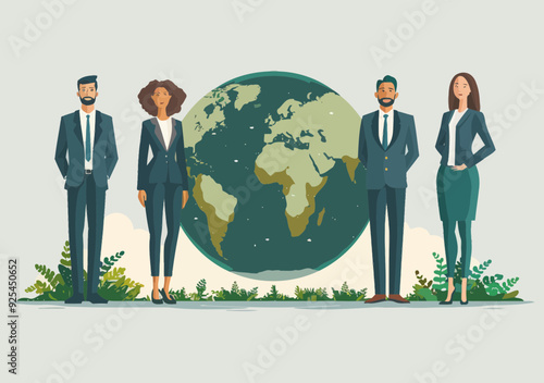 Business Team Discussing Global Investment and Ecology by Globe in Minimalistic Vector Illustration