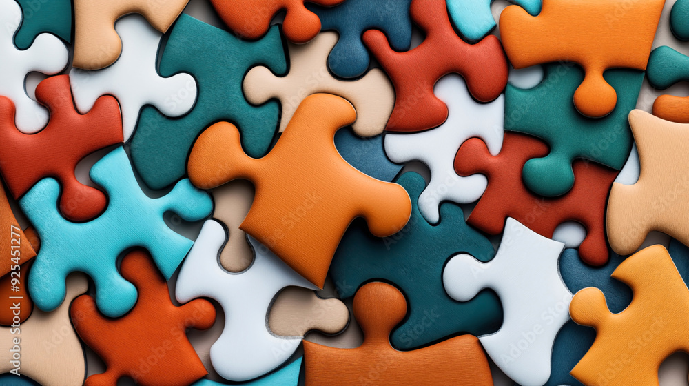 Close-up of multicolored jigsaw puzzle pieces scattered in a random arrangement. Close-up of multicolored jigsaw puzzle pieces scattered in a random arrangement.