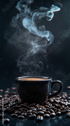 A black cup of coffee with smoke rising from the top, surrounded by scattered dark brown beans, against a solid background. T