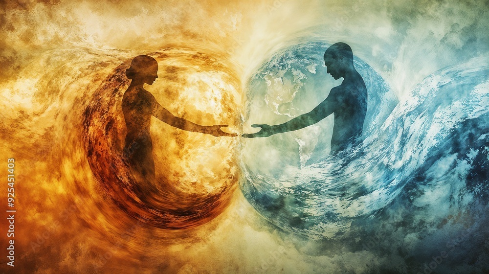 Fototapeta premium Two people holding hands in a circle of fire and water