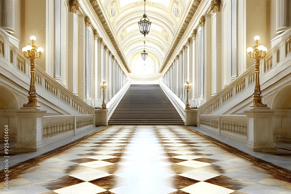 Obraz premium Grand Staircase with Checkered Floor and Golden Railings in a Palace