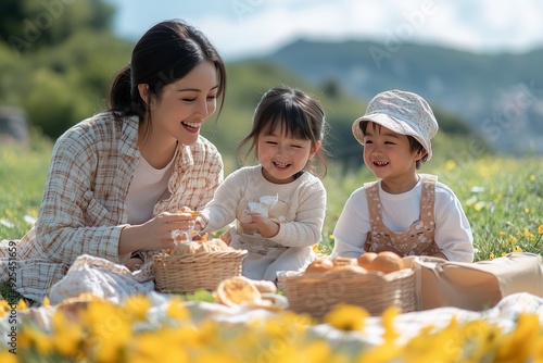 Family picnic in a sunny meadow with children enjoying snacks and laughter in springtime