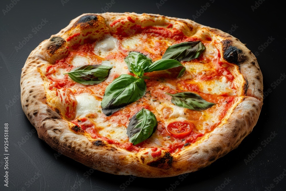 Italian traditional pizza, black background, studio light Italian traditional pizza, black background, studio light