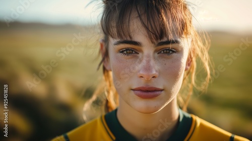 A young athletic woman standing outdoors with a scenic natural backdrop, radiating determination and vitality in a sunlit environment. photo