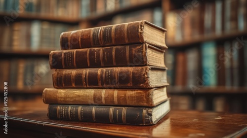 A stack of old books on table with blur book shelf in library room, education background --ar 16:9 --v 6.1 Job ID: a79ab963-db02-4de1-a9c0-14415d55aade